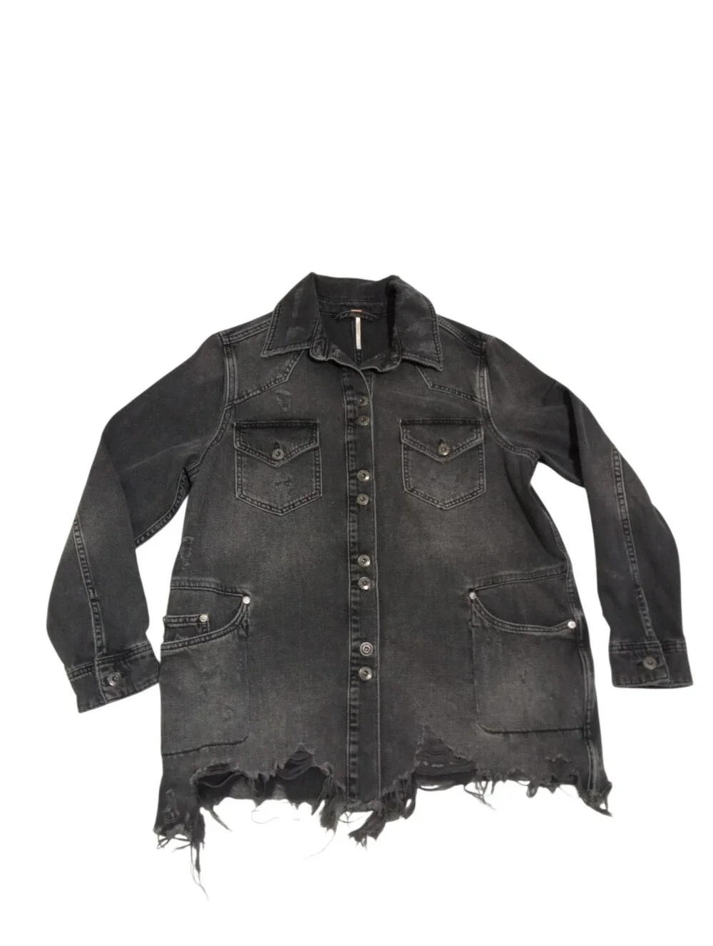 Free People Factory Distressed Black Denim Utility Jacket Raw Hem Large - Picture 8 of 9